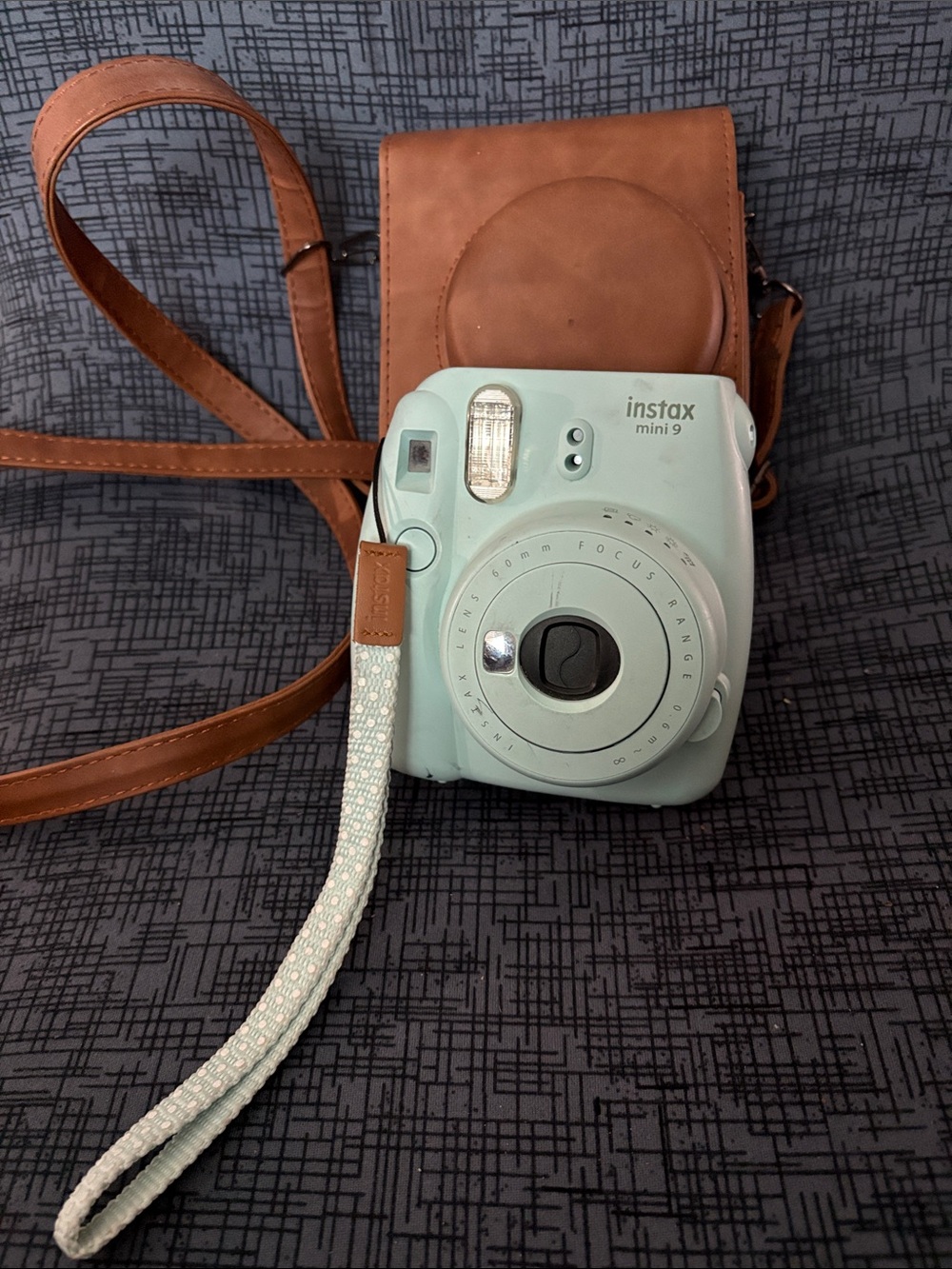 Instax Mini 9 Instant Camera in Mint with Brown Case and Cream Strap
